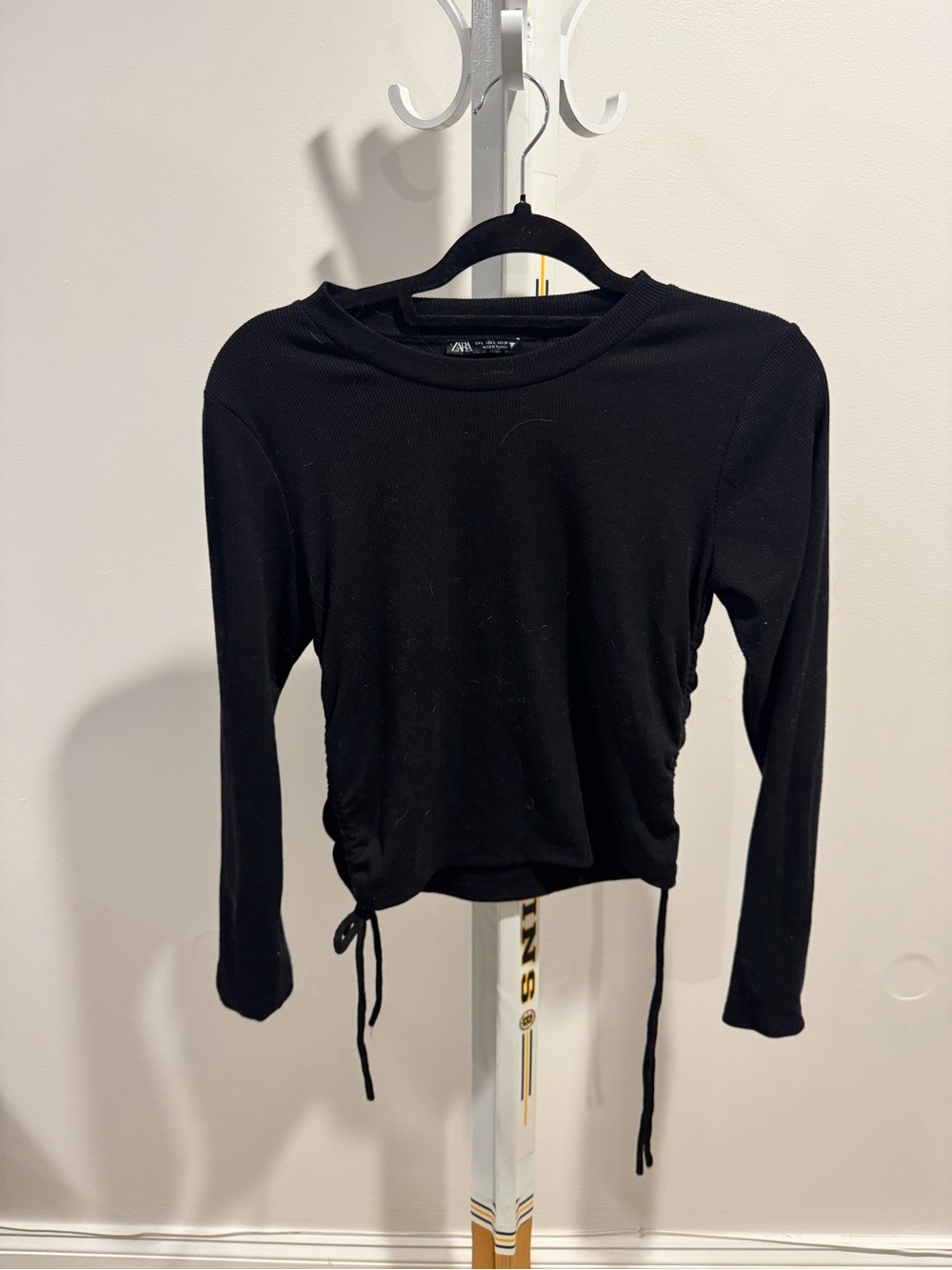 Zara Black Long-Sleeve Side Ruched Tie Top